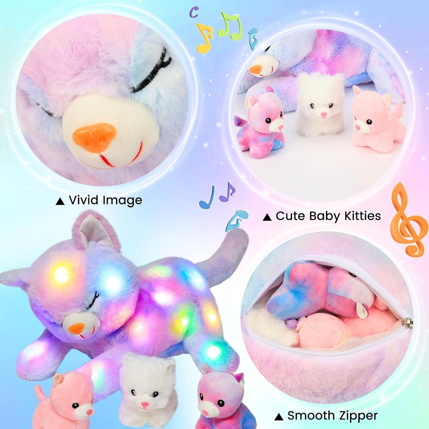 Pisică de pluș muzicală cu LED, jucărie cântătoare luminoasă, Mama Pisică cu 3 pisoi în burtă, cântec de leagăn animat, jucărie liniștitoare pentru mame, copii, fete mici, curcubeu, 45 cm