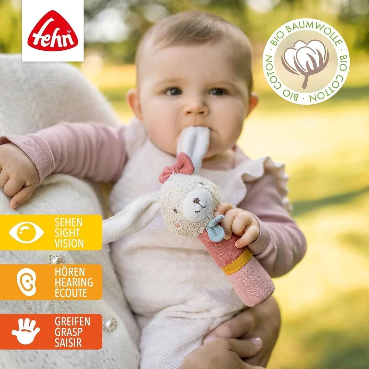 Fehn stick de prindere jucărie pentru copii fehnNatur jucărie iepure - jucărie de activitate motorie cu zornăitor pentru prindere, îmbrățișare - jucărie de prindere cu bumbac organic - jucărie pentru bebeluși și copii mici de la 0+ luni Jucarii Bebe Naty Shop
