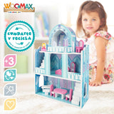 Casă de păpuși din lemn, castele de prințese din lemn, case de păpuși, 3 etaje, castele de prințese, 9 piese din lemn, 37x15x53,5 cm, jucărie din lemn, vârste 3+