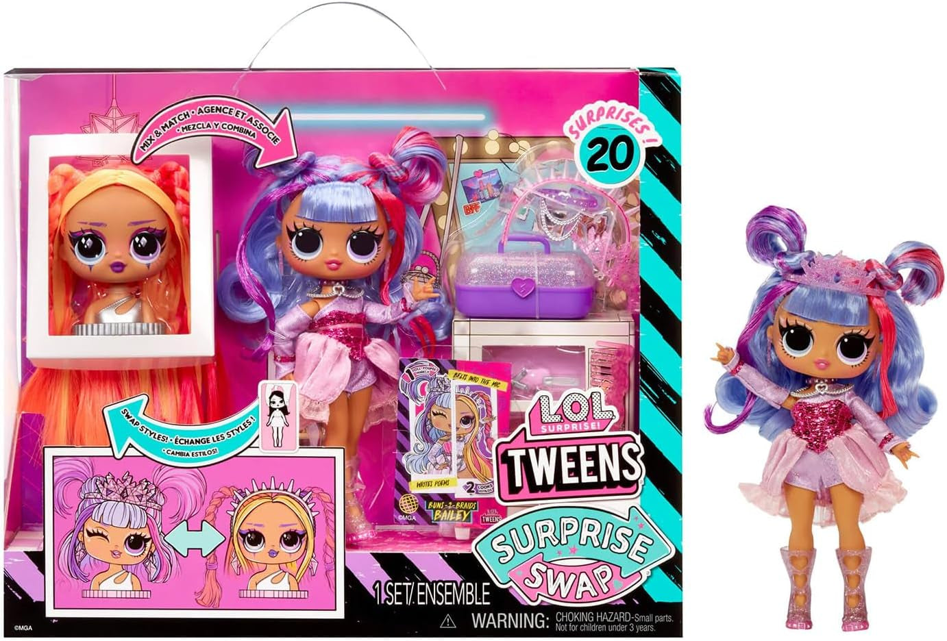 LOL Surprise Tweens Surprise Swap Series - Buns-2-Braids Bailey - Păpușă la modă cu peste 20 de surprize, inclusiv cap de styling și accesorii și ținute fantastice - pentru copii cu vârsta de 4 ani și peste