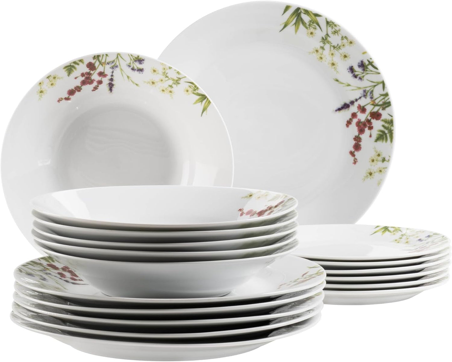 Mäser Herbal Garden, set de veselă pentru 4 persoane, format din 18 piese, cu design floral detaliat, inclusiv farfurii de cină, farfurii de supă și farfurii de desert, porțelan, alb