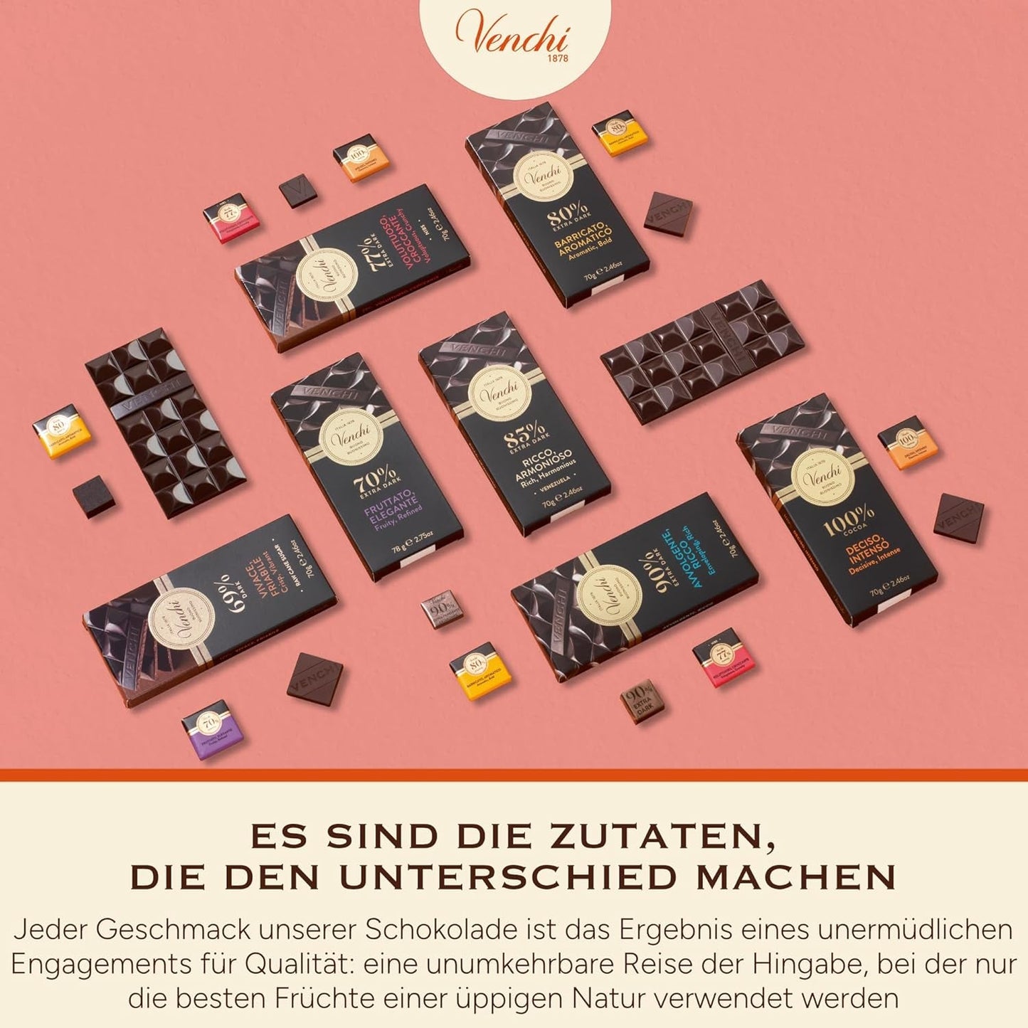 Venchi - Ciocolată neagră 70%, 78 g - Cu amestecuri de cacao selectate - Fără gluten - Vegan