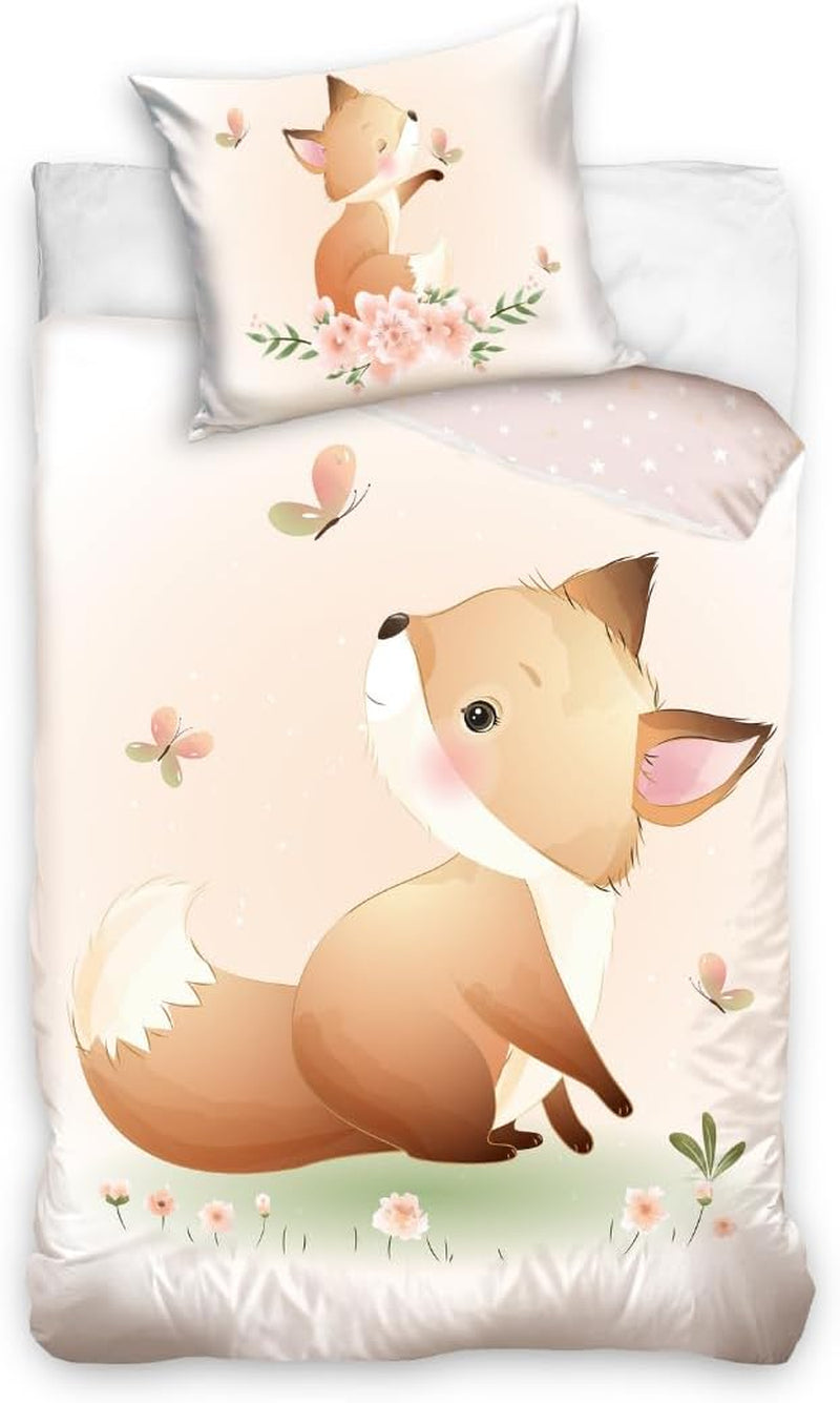 Set de lenjerie de pat pentru copii, animale, 100% bumbac cu fermoar Lenjerie de pat - copii Naty Shop Vulpe