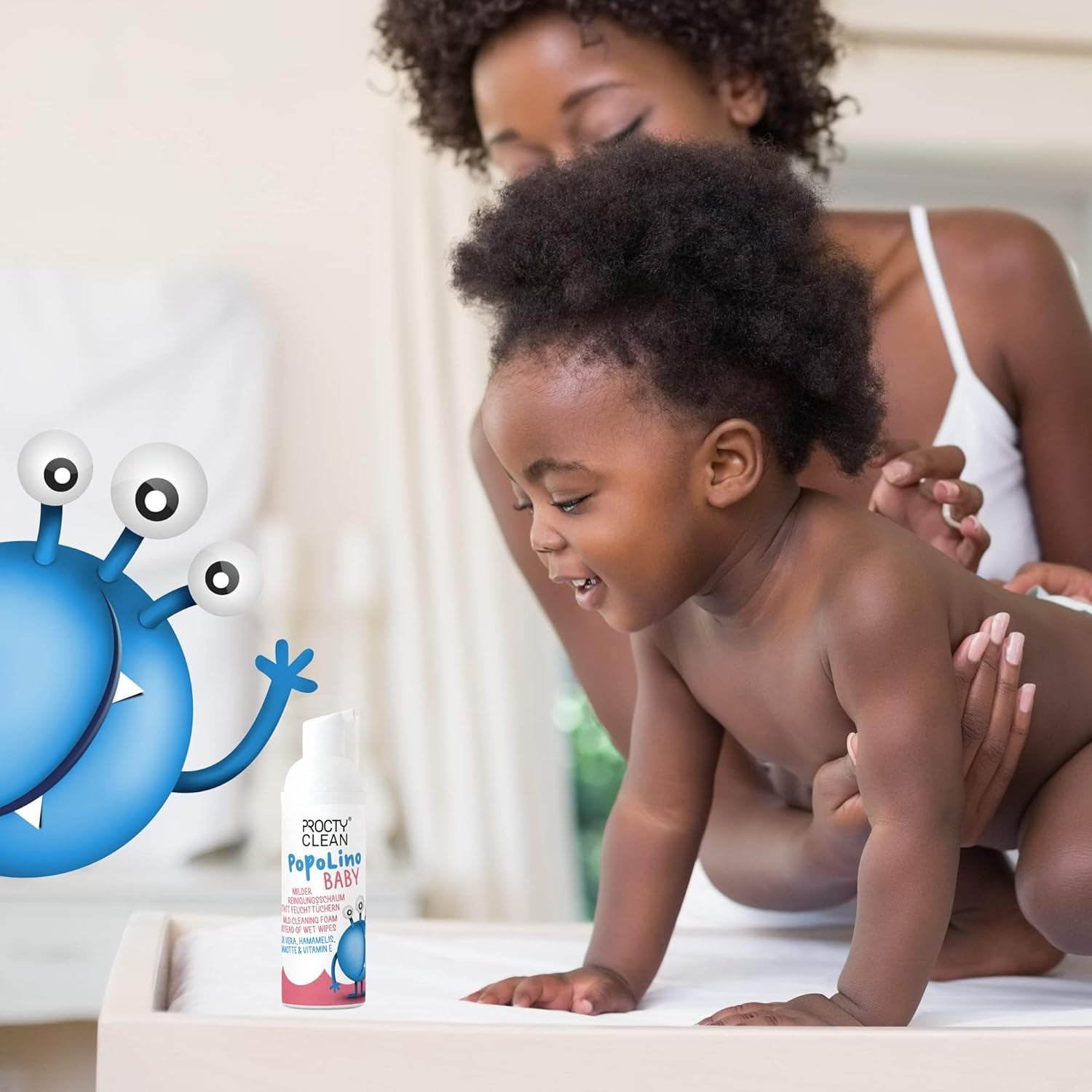 Spumă delicată PopoLino Baby pentru fund, în loc de șervețele umede pentru bebeluși. Spumă de curățare cosmetică vegană și naturală! Spumă pentru fund cu aloe vera, hamamelis, bergamotă și vitamina E. Face fundurile și mediul înconjurător fericite.