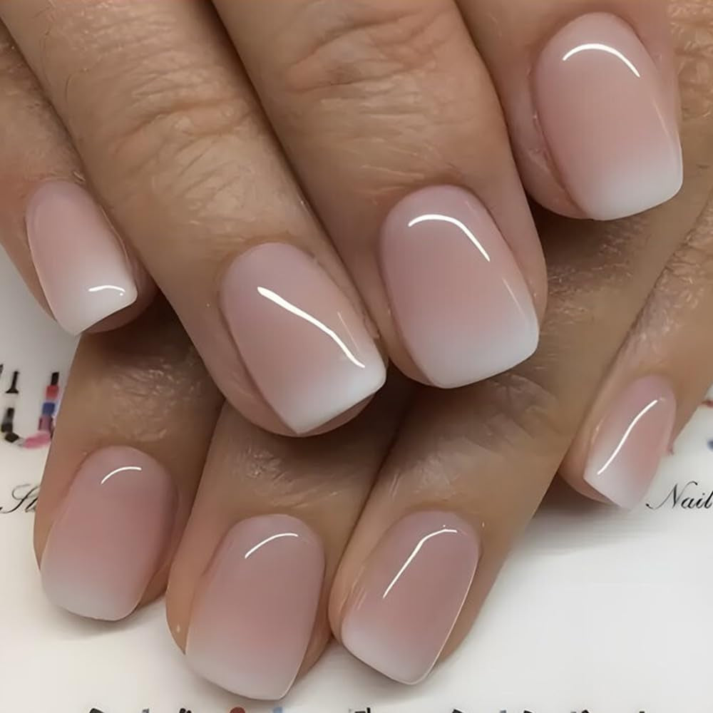 Set unghii false cu adeziv - Unghii false franțuzești - 24 bucăți, design pătrat scurt, gradient alb roz, unghii artificiale, manichiură balerină (gradient roz scurt)