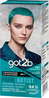 got2b Colour/Artist 097 Mermaid Green Level 2 (3x 80 ml), vopseaua de păr temporară face părul să strălucească în culori intense sau nuanțe pastelate, vopseaua de păr durează 12-15 spălări, formulă vegană Vopsea pentru par Naty Shop