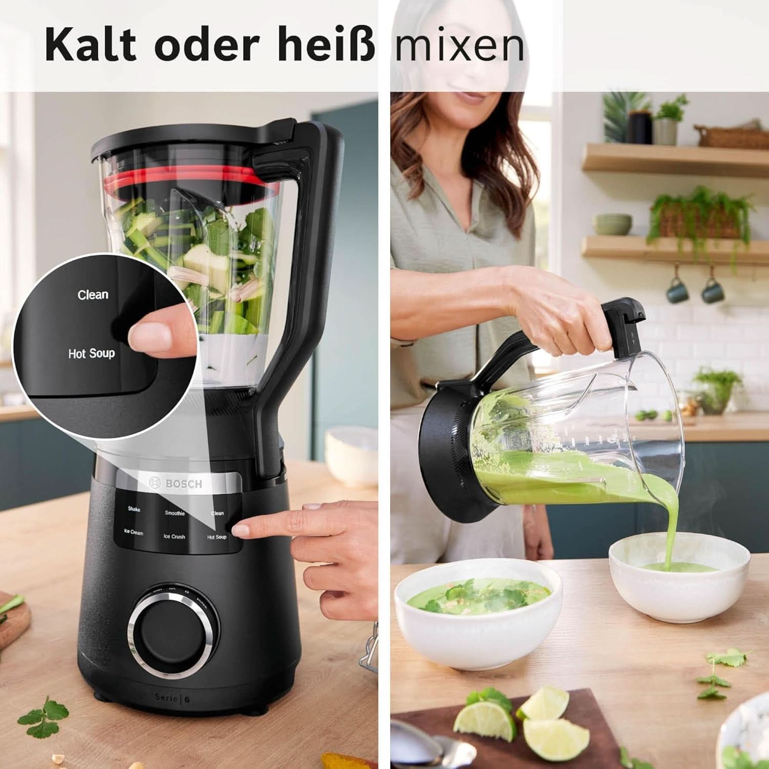 Highspeed-Standmixer Vitapower Serie 6 MMBD665B1, 45.000 U/Min, 6 Programme Inkl Heiße Suppe & Reinigung, 2 L Mixbehälter, Stopfer, Spülmaschinenfeste Teile, Made in Europe, 1800W, Schwarz Bucatarie Naty Shop