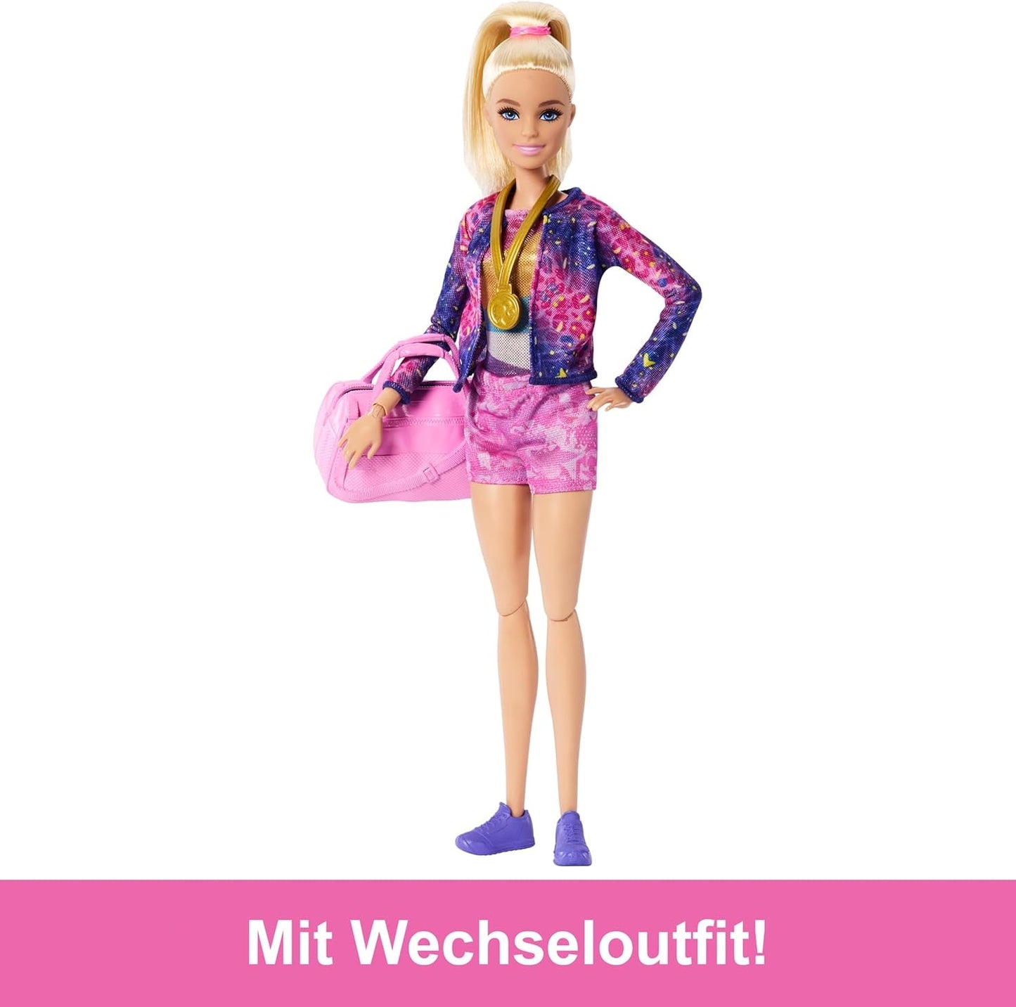 Set de joacă distractiv Barbie pentru gimnastică cu bârnă de echilibru și peste 10 piese tematice pentru povești câștigătoare, HRG52