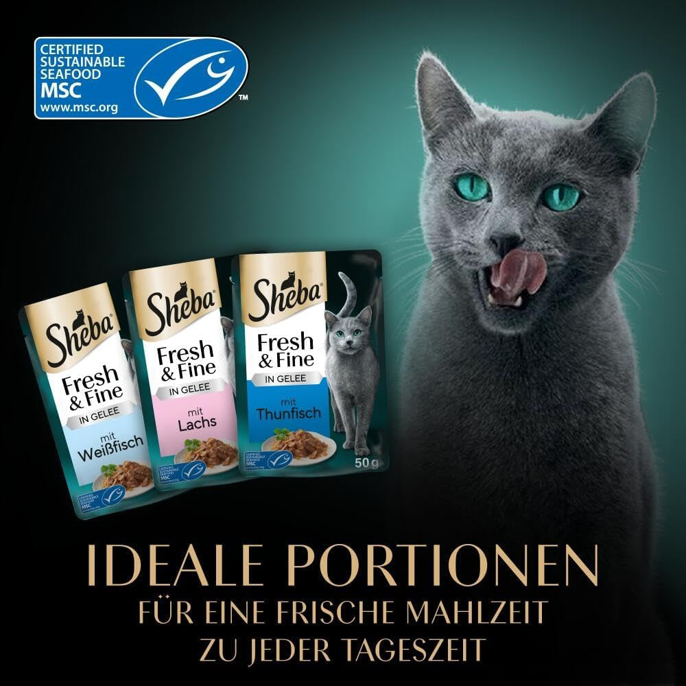 Sheba Portion Pouches Hrană umedă pentru pisici, pachet multiplu Fresh & Fine în jeleu cu ton și somon MSC, 6x6x50g - Mese sănătoase pentru pisici cu jeleu