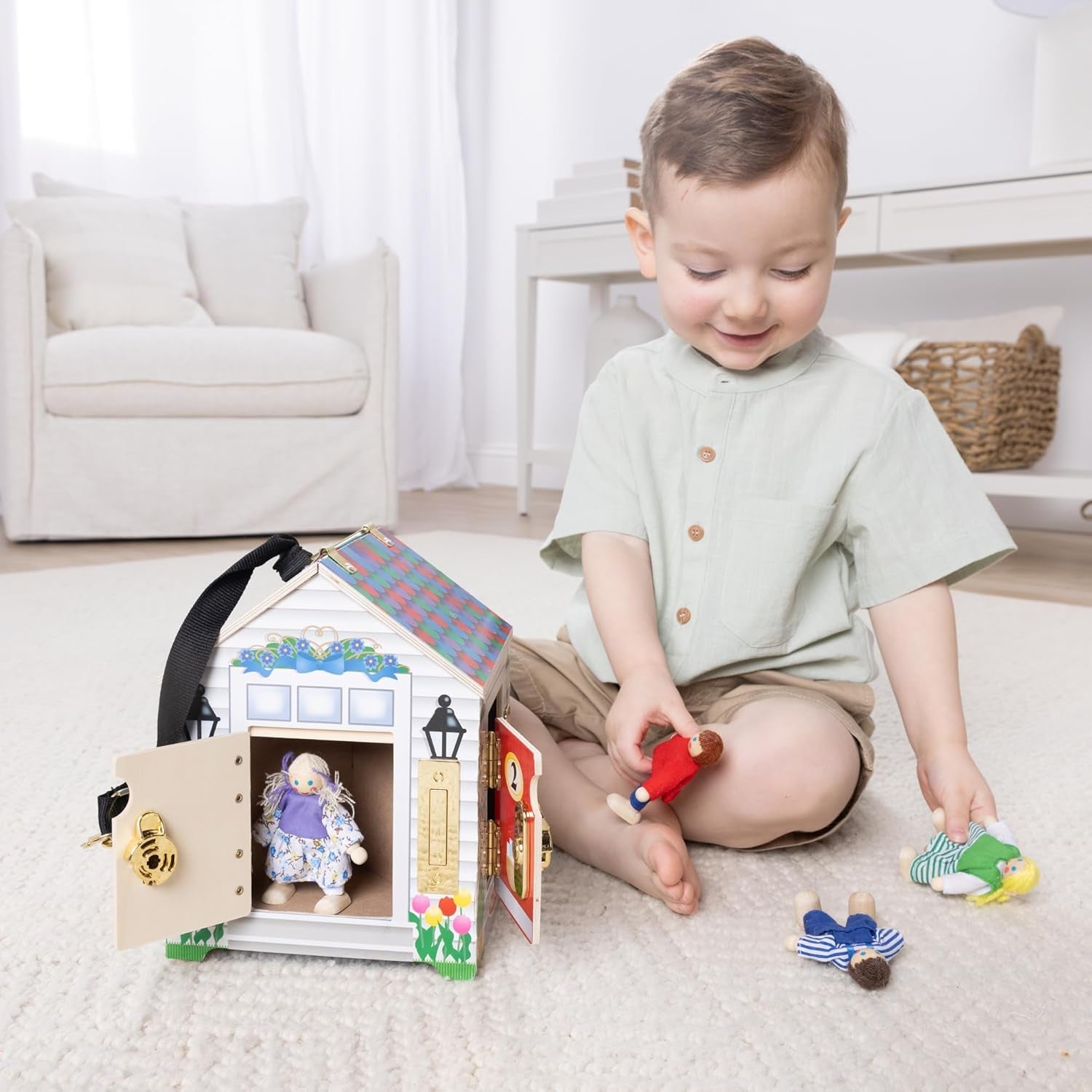 Melissa & Doug - Casă de păpuși din lemn cu sunete de sonerie, multicoloră, potrivită pentru vârste de 3 ani și peste, băieți și fete