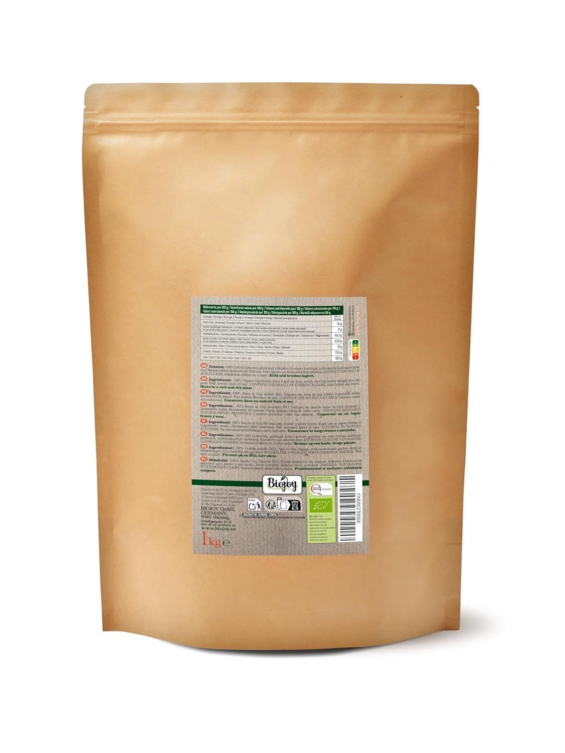 Biojoy fructe de goji bio uscate (1 kg), fructe de lup întregi și nesulfurate Produse deshidratate Naty Shop
