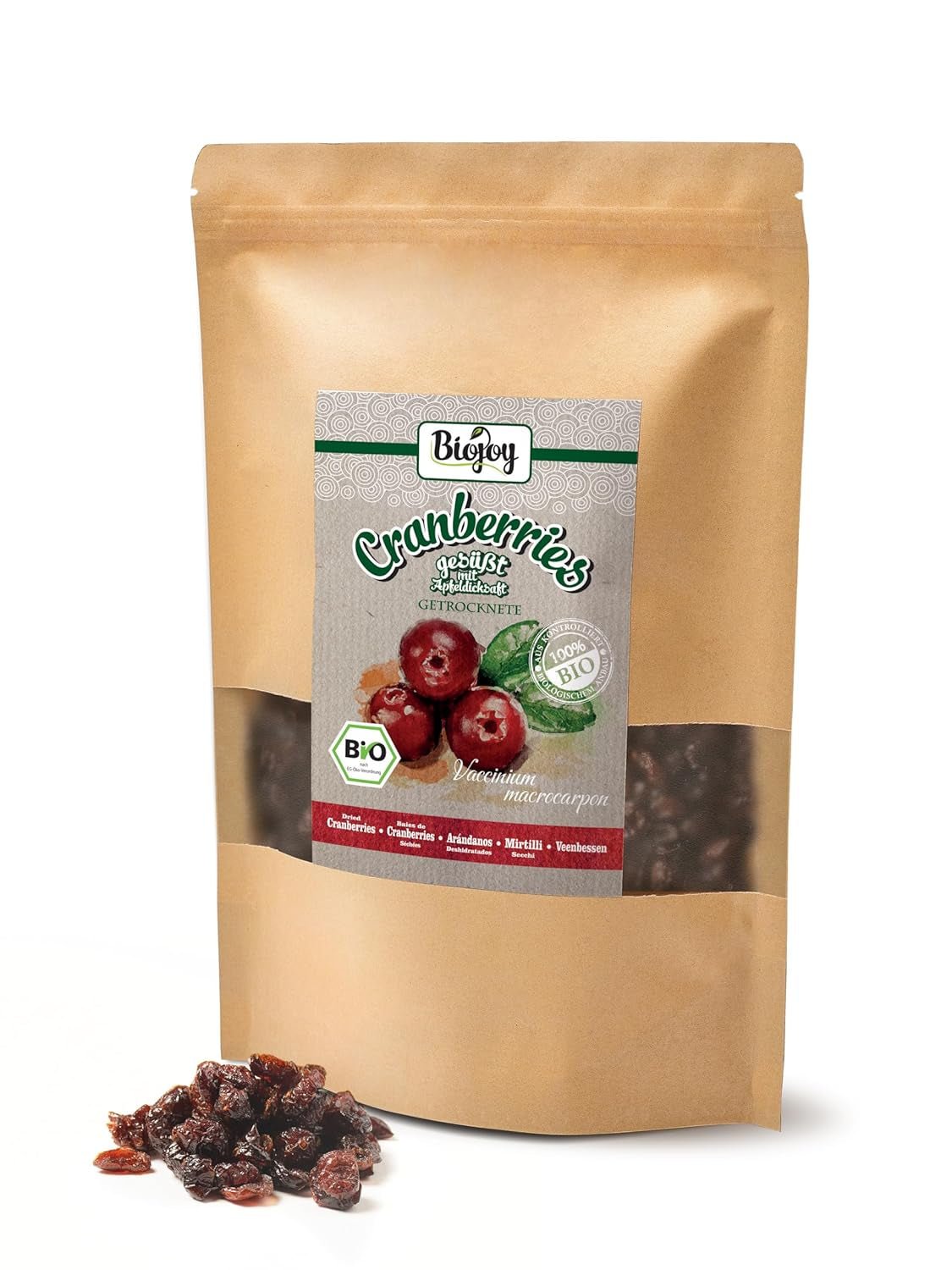 Biojoy merișoare organice uscate (1 kg), merișoare îndulcite cu sirop de mere Produse deshidratate Naty Shop