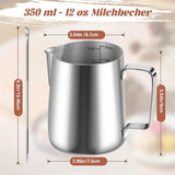 Cană de lapte, cană de lapte din oțel inoxidabil de 350 ml cu marcaj de măsurare, accesoriu barista, cană de lapte pentru cappuccino, espresso, latte art, iubitori de cafea, argintiu, 355 ml