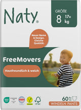 Scutece Naty FreeMovers pentru bebeluși | Huse de scutece certificate, prietenoase cu pielea | Moi și fără parfum | Absorbante și rezistente la scurgeri | Testate dermatologic | Mărimea 5 (12–18 kg) | 80 bucăți
