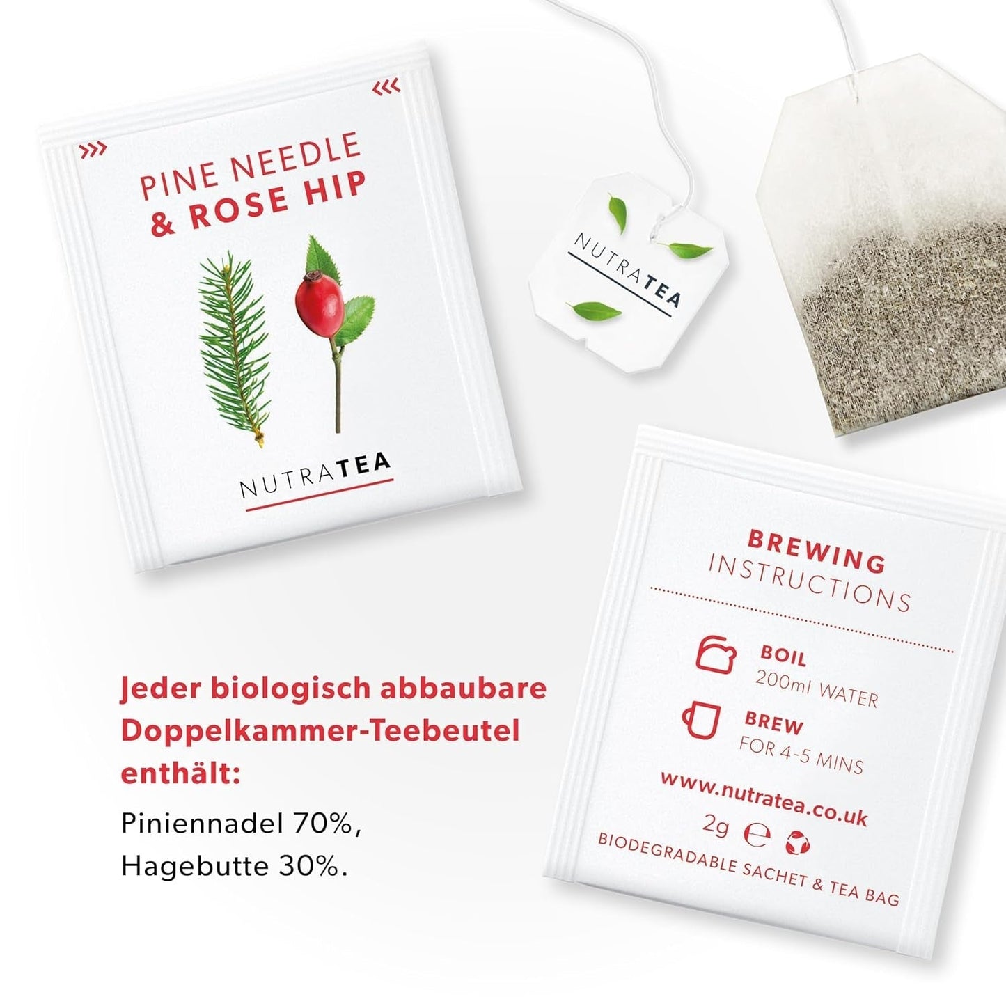 Nutra Tea Măceșe &amp; Ace de pin, ceaiul din ace de pin contribuie la întărirea sistemului imunitar natural al organismului, la menținerea funcției rinichilor și vezicii urinare, 20 pliculețe de ceai reutilizabile, ceai din măceșe