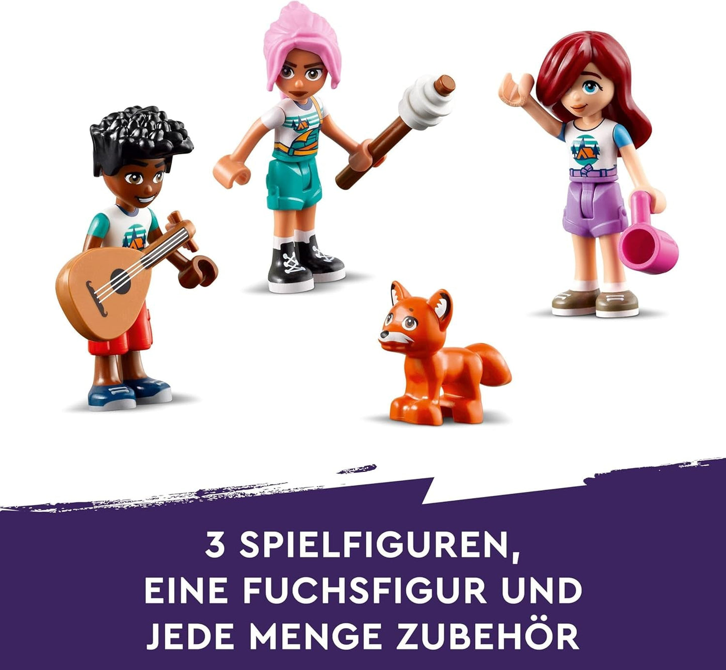 LEGO Friends Cosy Huts At Adventure Camp, Playset pentru jocuri de rol în aer liber, jucărie pentru copii pentru fete și băieți de la 7 ani cu 3 figurine și vulpe, jucărie de camping 42624 Seturi de constructie Besuche den LEGO-Store