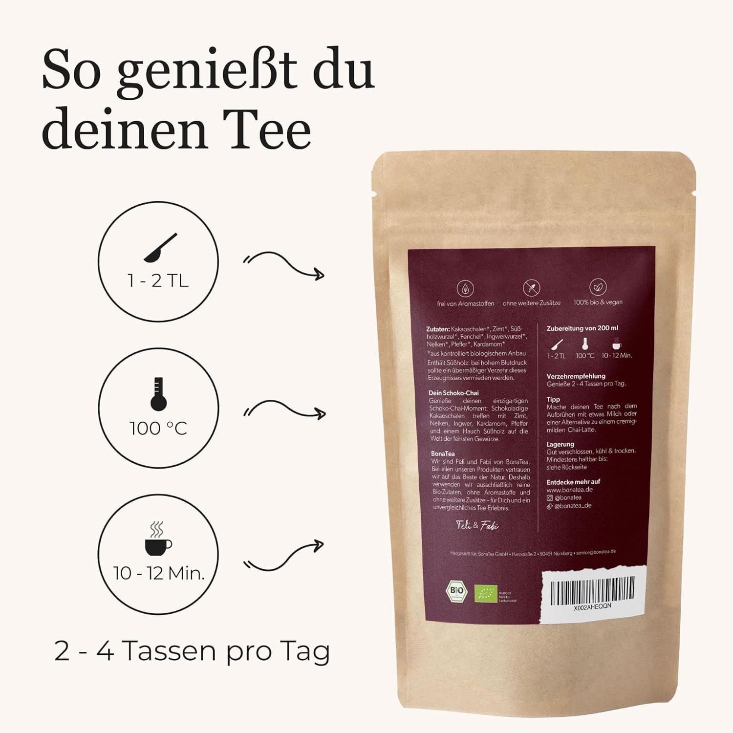 Ceai cu condimente BIO Schoko-Chai fără zahăr, cu coji de cacao, scorțișoară, lemn dulce și alte condimente aromatice Chai, 100 g