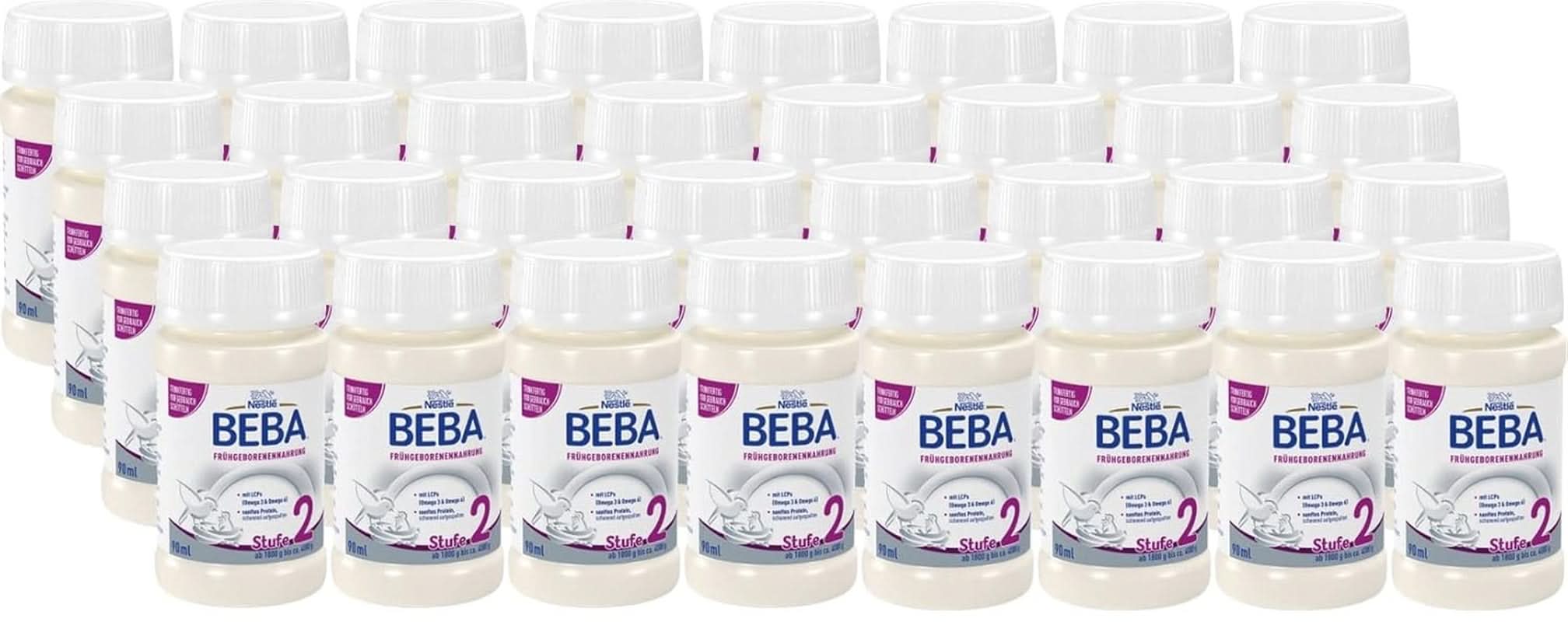Hrana pentru bebelusi prematuri BEBA Nivel 2, Hrana speciala pentru bebelusi prematuri si nou-nascuti cu greutate mica, gata de baut, pachet de 32 (32 x 90 ml) Naty Shop Set 32 buc 32 x 90 grame