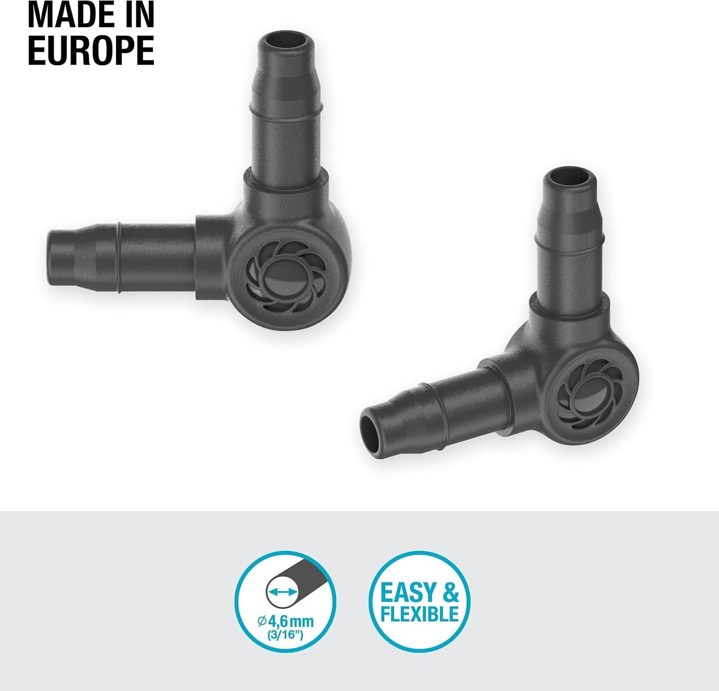 Piesă în L pentru sistemul de picurare Gardena Micro-Drip 4,6 mm (3/16 inch): Pentru schimbarea direcției de distribuție și a liniilor de picurare cu 90 de grade, instalare fără îndoiri, tehnologie de conectare ușoară și flexibilă (13212-20)