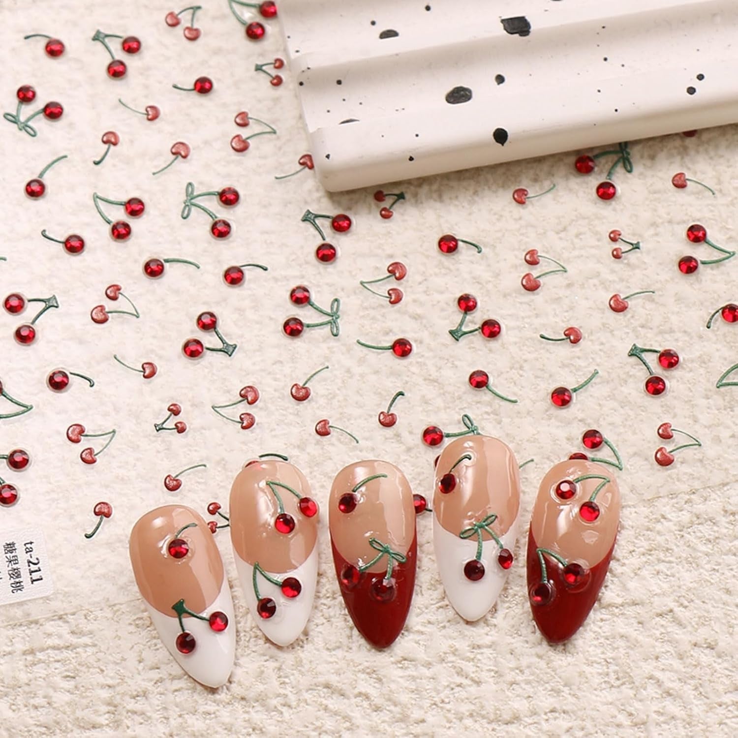 JMEOWIO 3D Nagelsticker Kirsche Nail Art Sticker Selbstklebend Nagelaufkleber 5D Stereoskopisch Dekoration Nageldesign Zubehör 1 Blatt