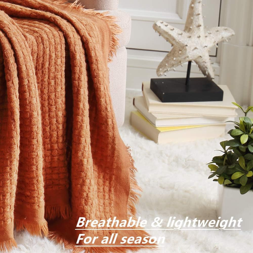 CREVENT Pătură tricotată din rugină pentru canapea, canapea, scaun, pat, decorațiuni interioare, moale, caldă, confortabilă, ușoară, pentru primăvară, vară, toamnă (127,8 X 152,4 cm Caramel / maro / portocaliu ars) Paturi si Cuverturi CREVENT