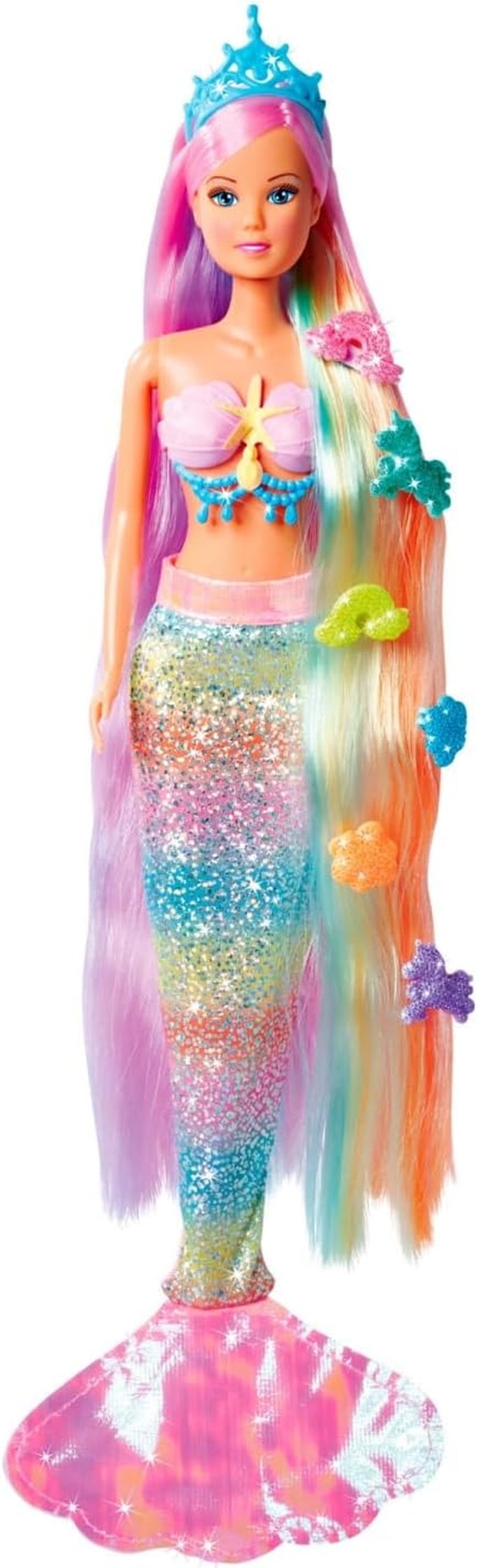 Simba 105733610 - Steffi Love Sirena Curcubeu, păpușă de modă sub formă de sirenă curcubeu cu păr colorat, agrafe de păr, pieptene și aripioară detașabilă, păpușă de joacă 29 cm, de la 3 ani