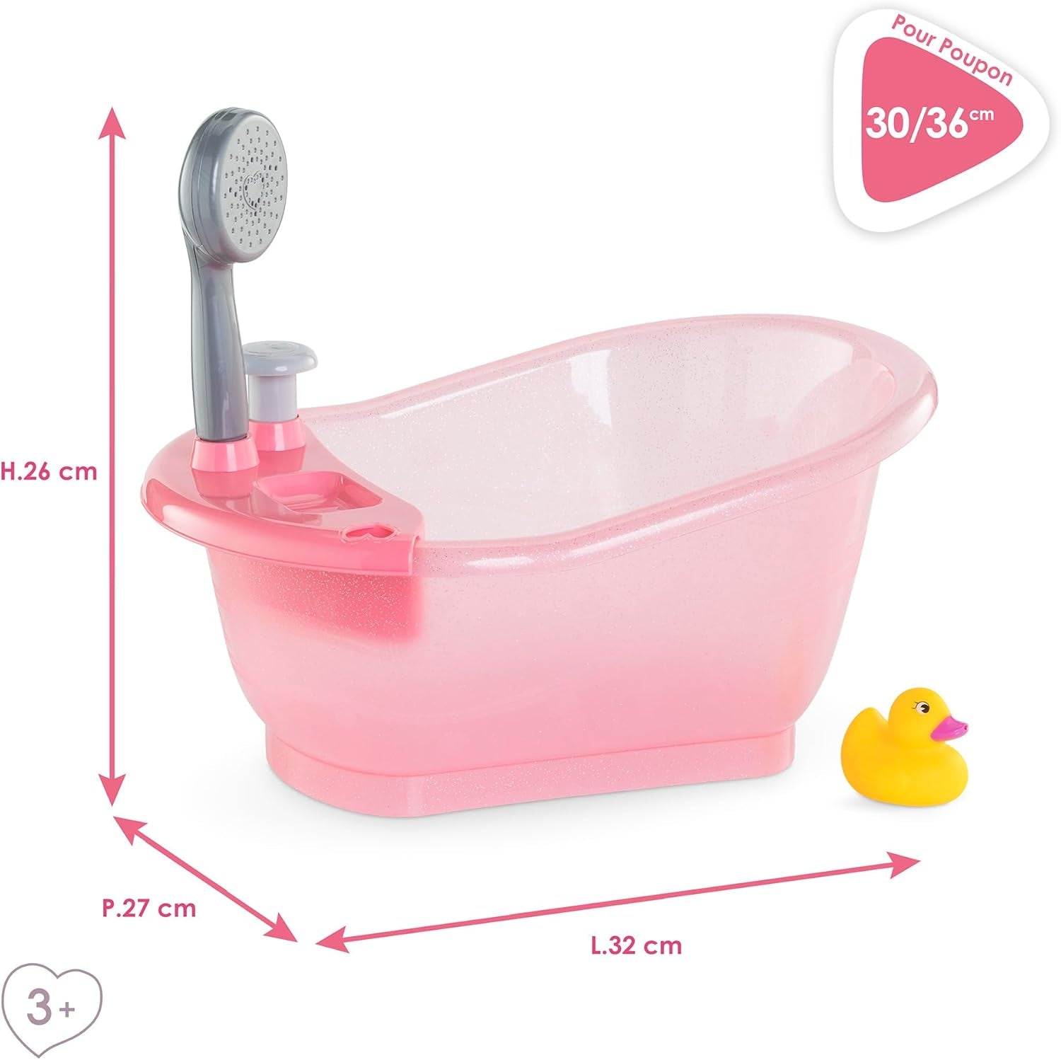Corolle 9000141660 - Cadă de baie Mon Grand Poupon, cu funcție de pompă și rățușcă de cauciuc pentru toate păpușile de 30-36 cm, 32,5 cm, de la 3 ani