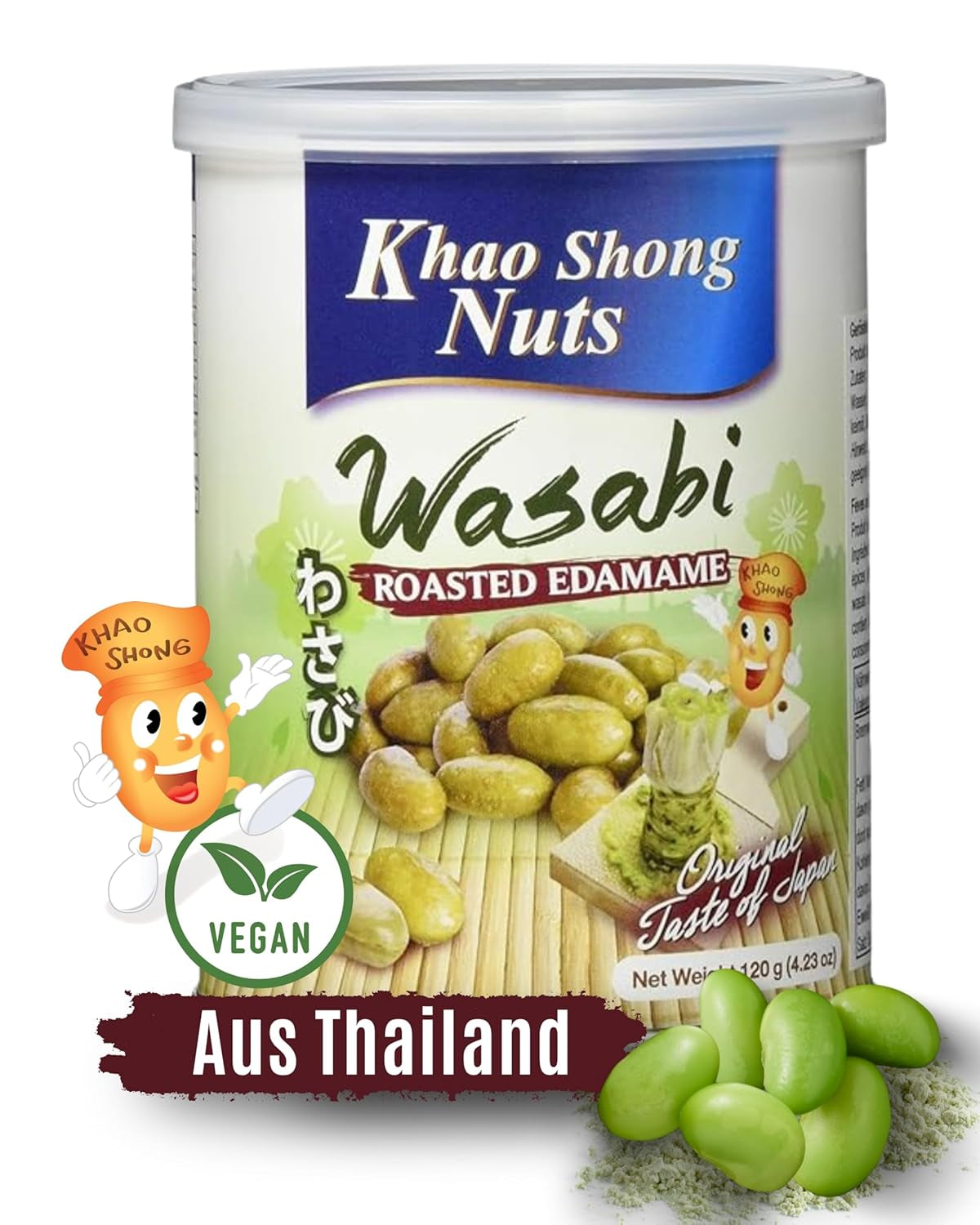 Mazăre verde prăjită Khao Shong cu wasabi, mazăre crocantă într-un aluat picant, o alternativă cu conținut scăzut de grăsimi la nuci, iuțeală medie, 1 conservă de 140 g | 140 g (1 pachet)