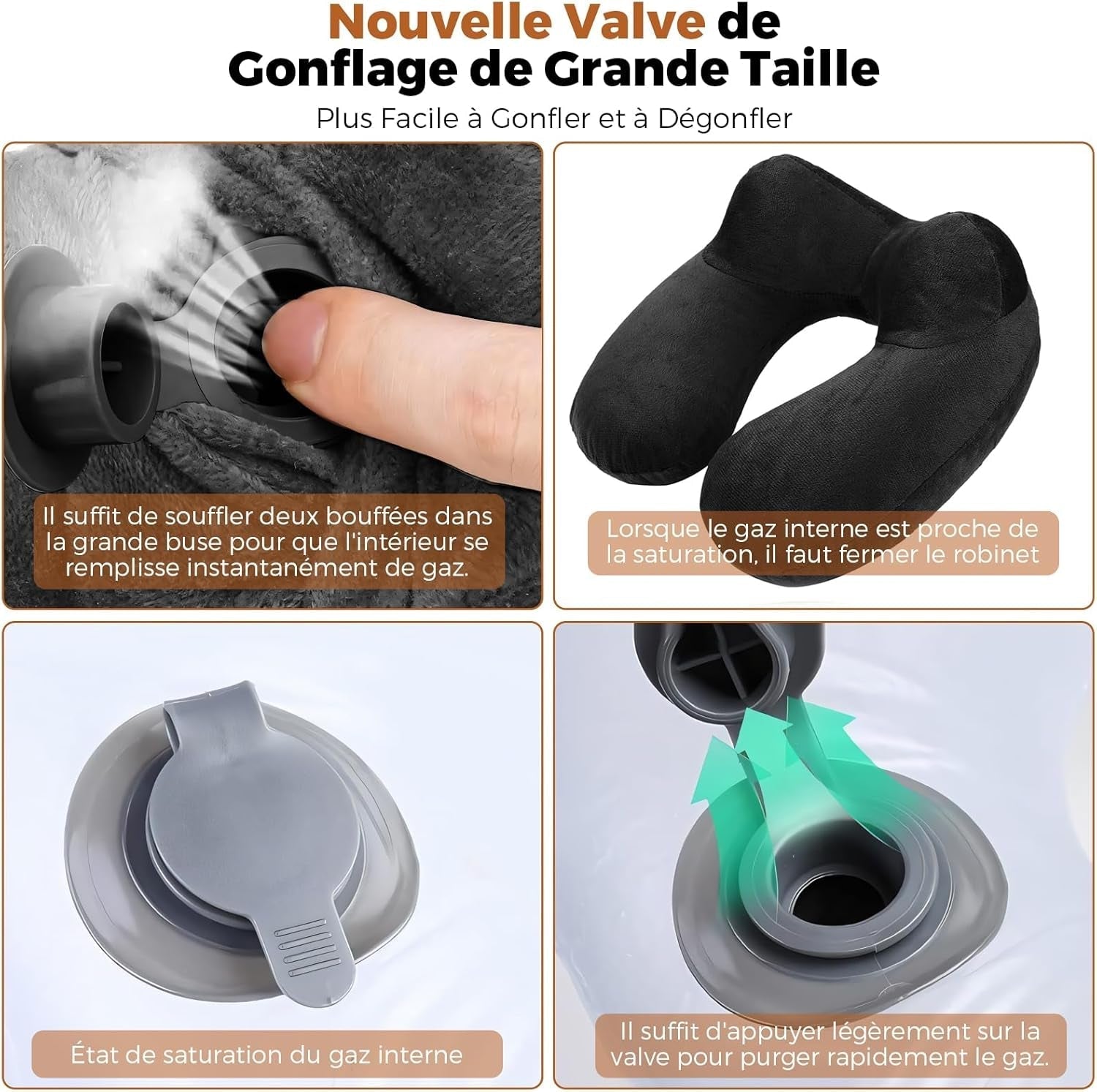 Pernă de călătorie gonflabilă, pernă de călătorie cu mască de somn + dopuri pentru urechi + sac de transport, super ușor și portabil, ideal pentru avion, mașină, casă, birou, negru Perne calatorie Naty Shop