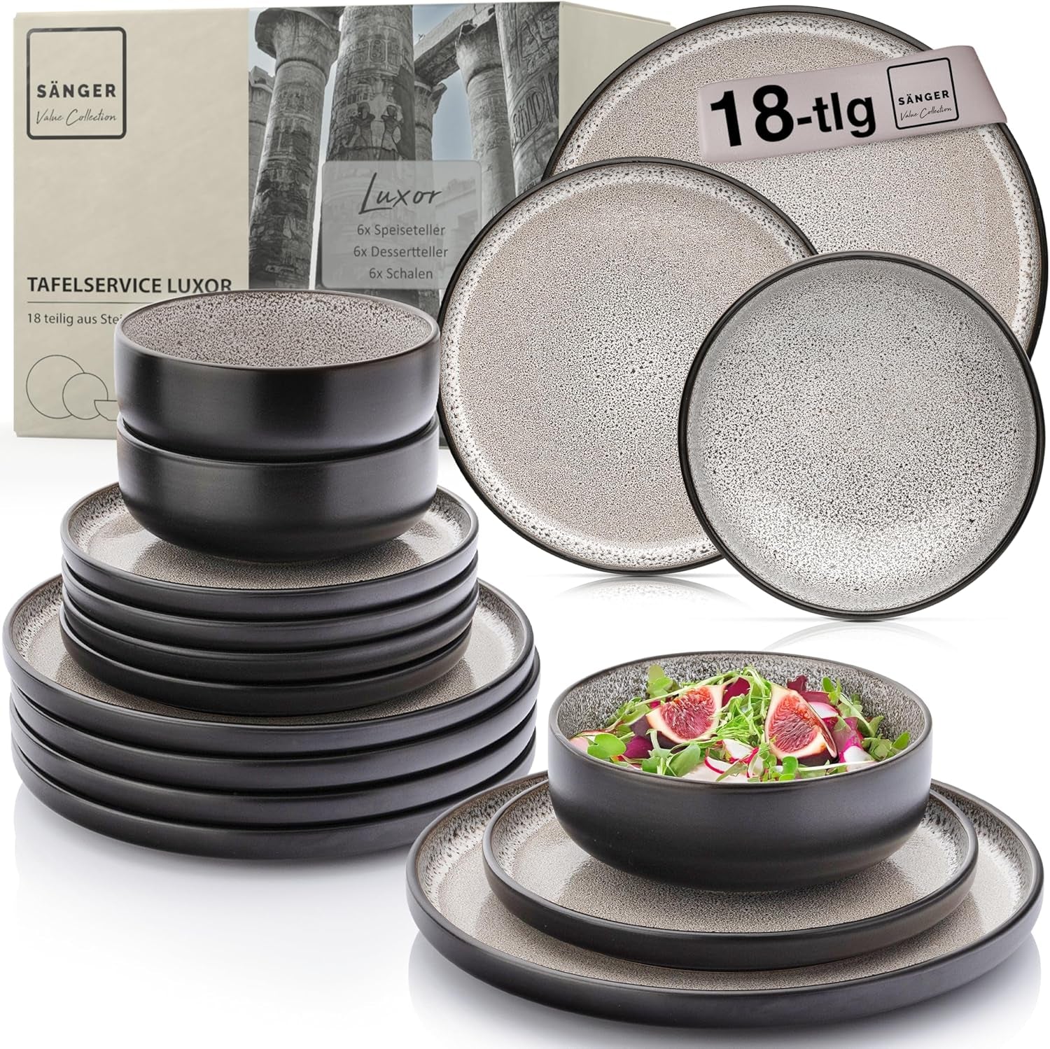 SÄNGER Luxor | Set de veselă din gresie, 18 piese, Set de farfurii pentru 6 persoane, Set de veselă (6 farfurii de cină, 6 boluri pentru cereale, 6 farfurii pentru desert), Veselă maro-bej rezistentă la zgârieturi | COLECȚIA VALUE