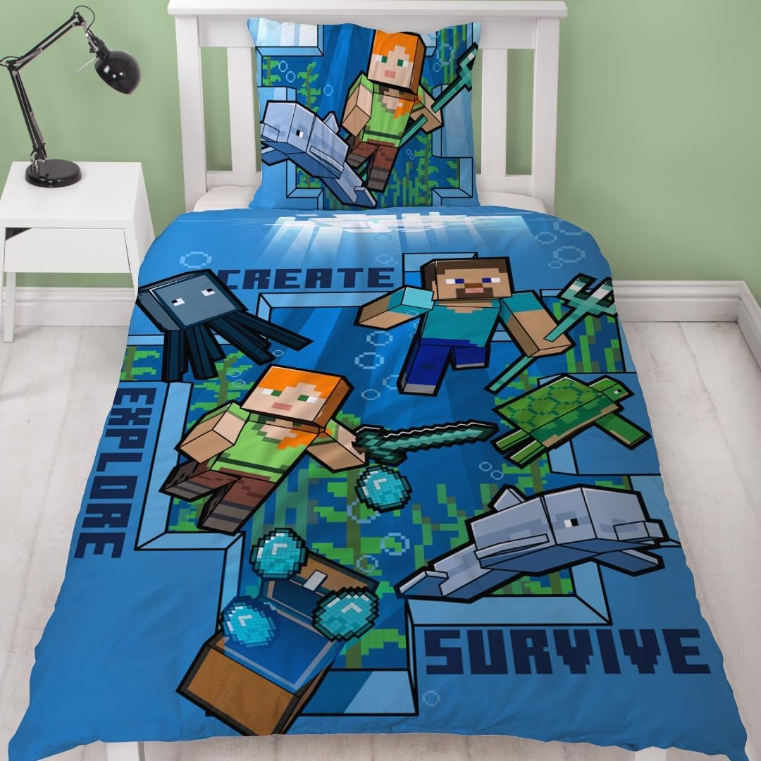 Minecraft Bettwäsche Kinderbettwäsche Jugendbettwäsche 135X200 · Unterwasserwelt · Wende Motiv · Kissenbezug 80X80 + Bettbezug 135X200 Cm · 100% Baumwolle · Deutsche Größe Naty Shop Default Title