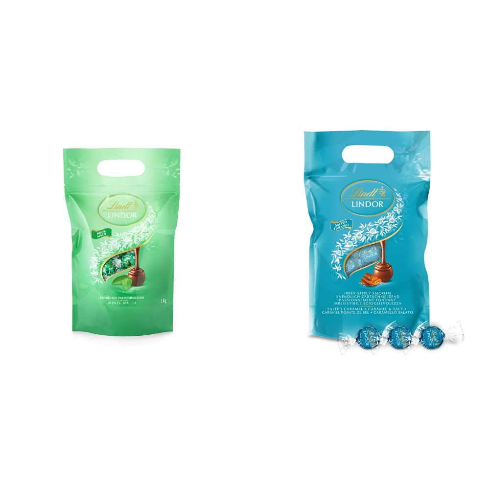 Bile de ciocolată LINDOR | Pungă resigilabilă de 1 kg | aprox. 80 de bile de ciocolată cu lapte și mentă cu umplutură | Pachet vrac & Bile de ciocolată LINDOR cu caramel sărat