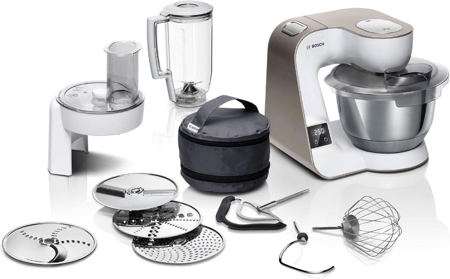 Robot de bucătărie Bosch Seria 4 MUM5X720, cântar integrat, bol din oțel inoxidabil 3.9L, mixer 1.25L, 1000W Accesorii Hrana si Alaptare Bebe Naty Shop Balanță integrată Alb 2 accesorii