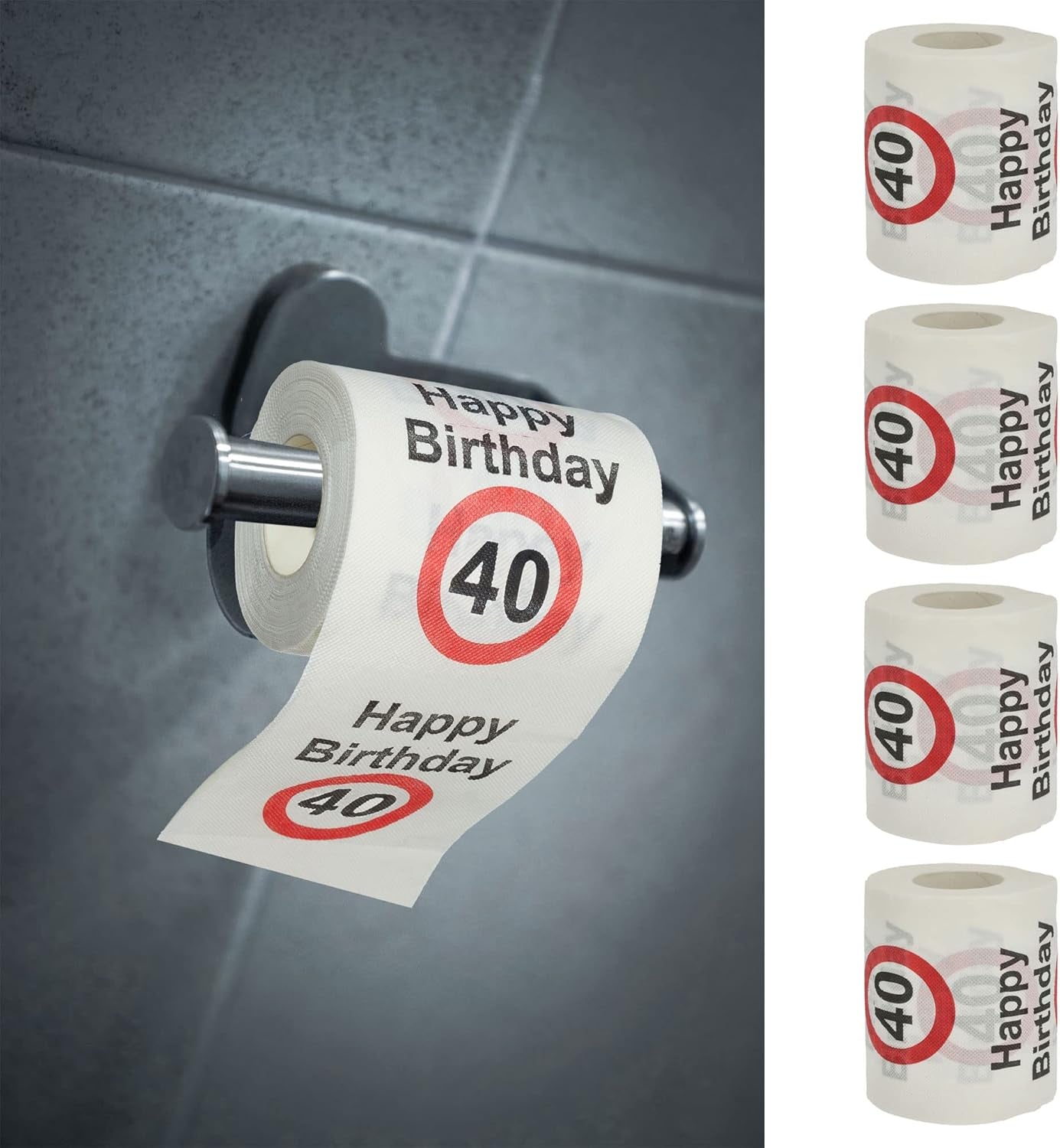 Set de 4 hârtii igienice "La mulți ani 40" │40th birthday 24 metri 2-țesături 180Gr/Qm │ Hârtie igienică motiv hârtie igienică (4 X hârtie igienică 40)