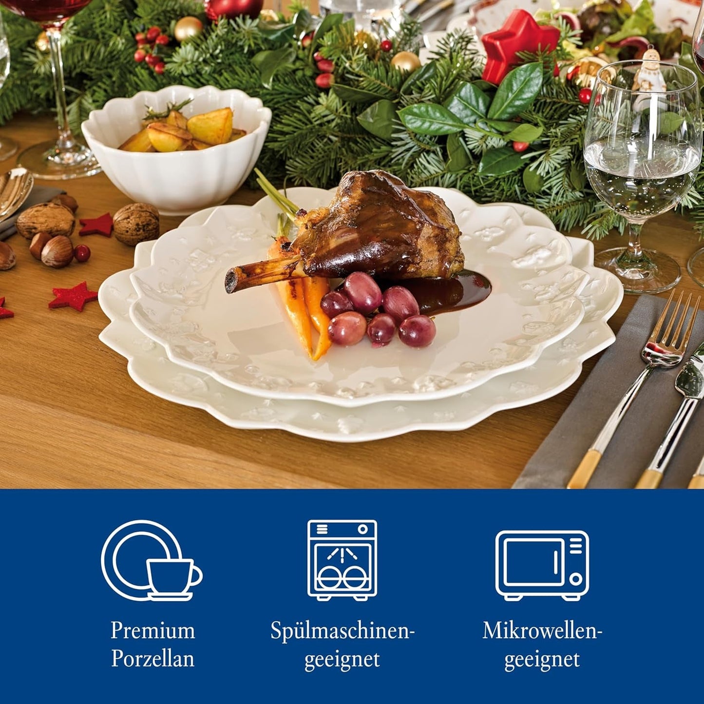 Villeroy & Boch – Set de veselă Toy's Delight Royal Classic cu 12 piese, alb, potrivit pentru mașina de spălat vase și cuptorul cu microunde, farfurii, set de veselă pentru 4 persoane, veselă de Crăciun, jucării, porțelan premium