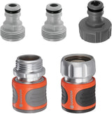 Gardena 39042-M Set de pornire cu cuplaj rapid metalic pentru furtunuri de grădină, cuplaje rapide și accesorii în câteva secunde, 4 piese, inclusiv adaptoare anti-scurgere pentru ștecher și priză