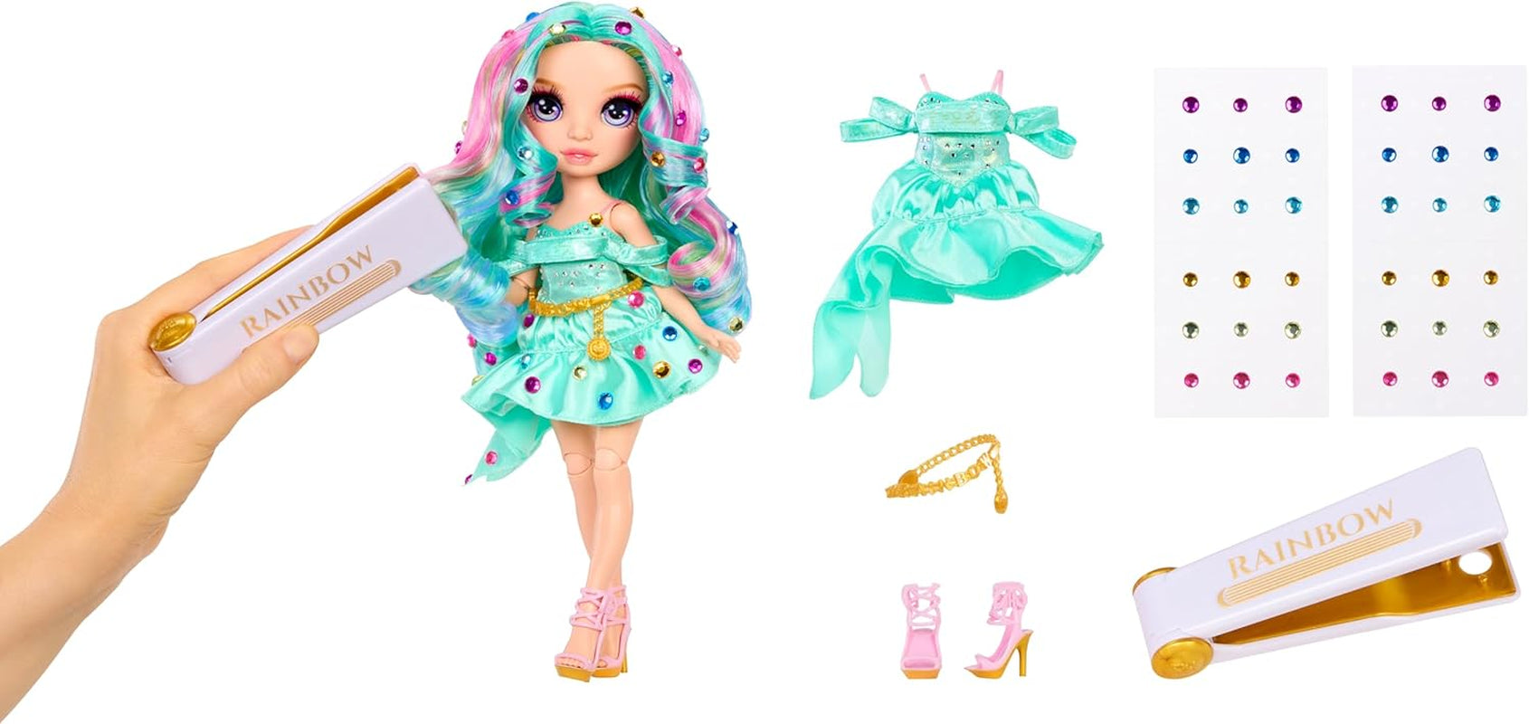 Păpușă de modă Rainbow High Be Dazzling – Celine Turquoise – Albastru-Verde, 28 cm, cu unealtă de decorat, pietre prețioase strălucitoare și accesorii de styling
