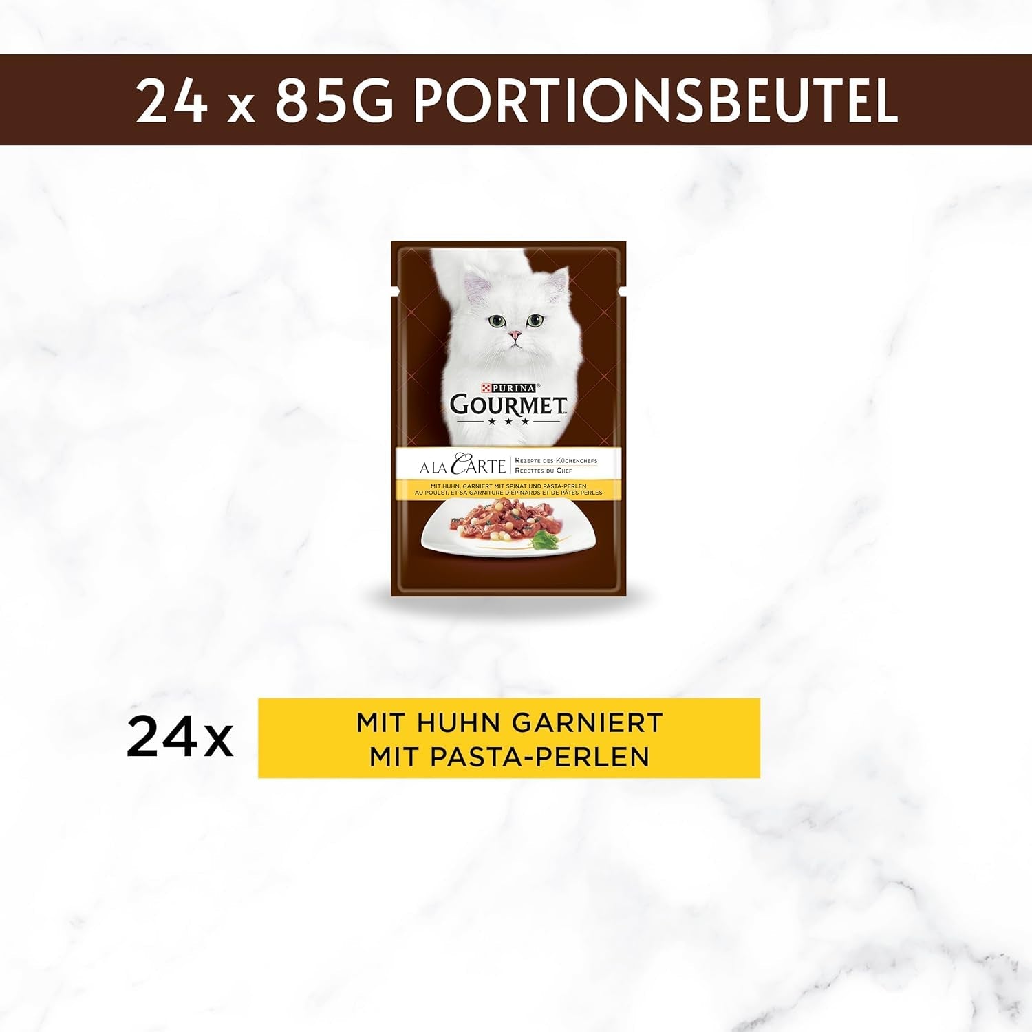 Hrană umedă pentru pisici Gourmet A la Carte cu pui, spanac și perle de paste, pachet de 26 (26 x 85g)