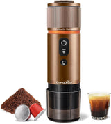 Espressor auto CONQUECO 12V: Espressor portabil cu baterie pentru camping și călătorii - Încălzire rapidă în 2,5 minute - 8 cești de espresso cu o singură încărcare