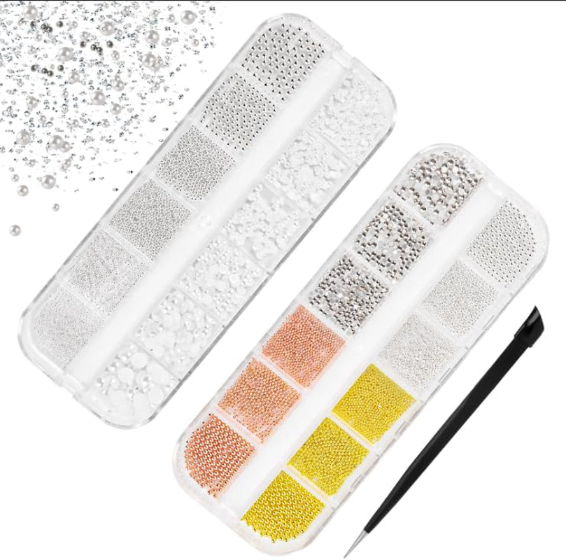 2 Boxen Nail Art Strasssteine, Mit Pinzette Nägel Flatback Perlen Nail Charms Mit Kristallen Nagelzubehör Diamanten Edelstahl-Perlen Für Nagelschmuck