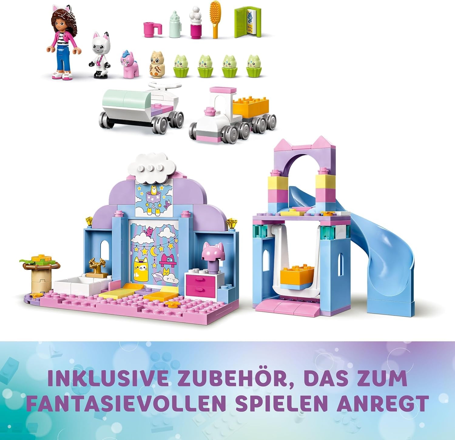 LEGO 4+ Gabby's Dollhouse Gabby's Little Kitty Ears, set cu animale pentru jocuri de rol, jucărie pentru copii cu tobogan și figuri, cadou pentru fete și băieți, jucărie pentru jocuri creative 10796 Seturi de constructie Besuche den LEGO-Store
