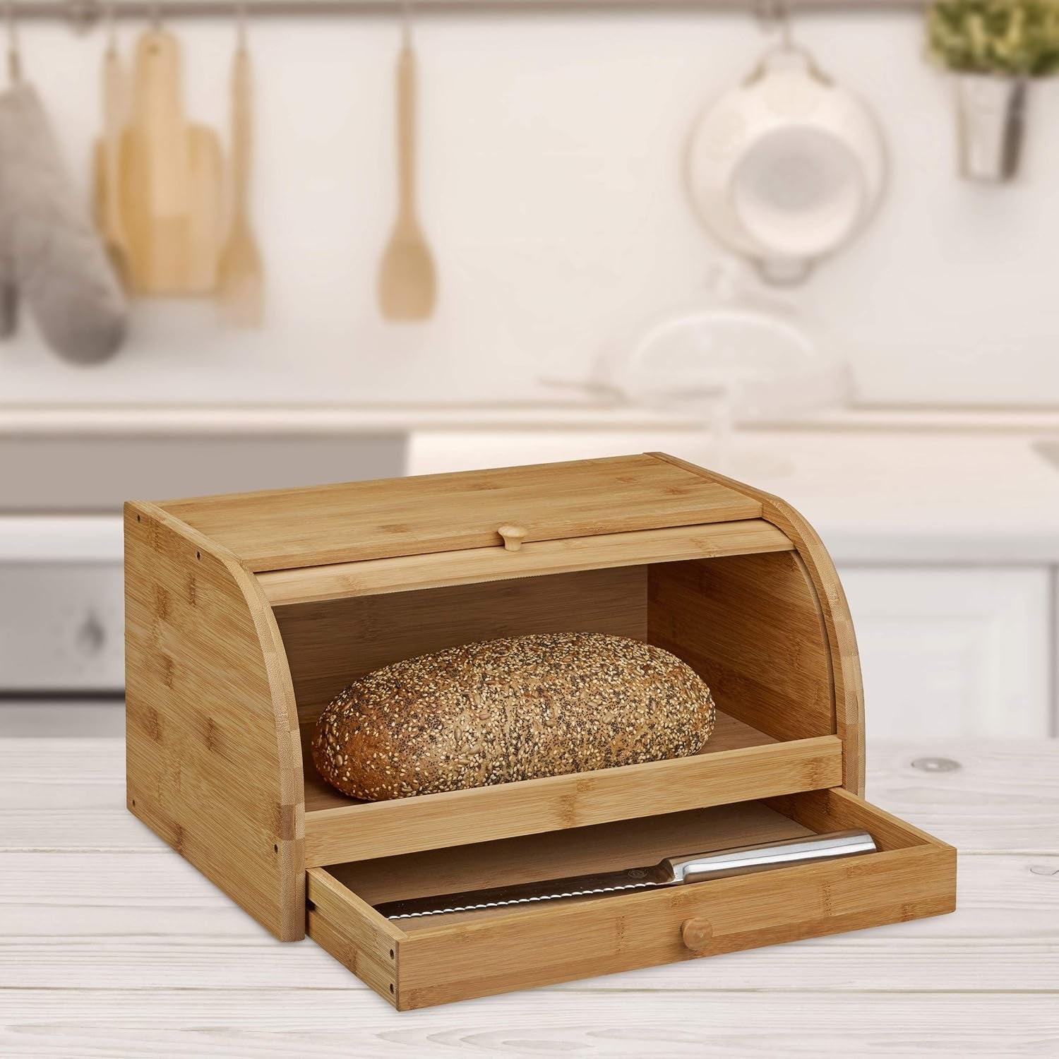 Relaxdays Coș de pâine rulant cu sertar, bambus, HxLxP: 21 x 40,5 x 28 cm, lemn, natural & placă de tăiat pâine din bambus aprox. 3 x 37 x 21,5 cm Placă de tăiat cu tavă pentru firimituri pentru curățare ușoară natural Cutii depozitare alimente Naty Shop