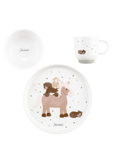 Set de veselă din porțelan Sterntaler, design rustic - Set de veselă cu bază din silicon antiderapantă și detașabilă - Veselă pentru bebeluși și copii cu farfurie, bol de 400 ml și cană de 200 ml, alb