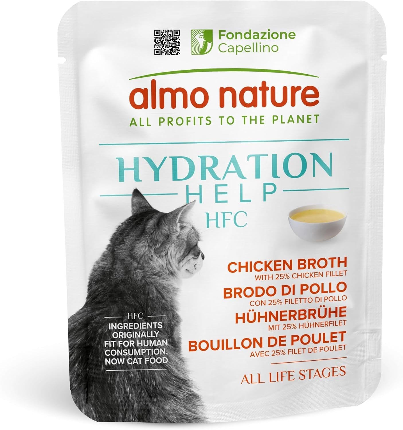 Hrană umedă pentru pisici almo nature HFC Hydration Help – Supă de pui și file de pui – Potrivită pentru uz uman, fără gluten, monoproteină, 50 g, 24 bucăți, 1,2 kg