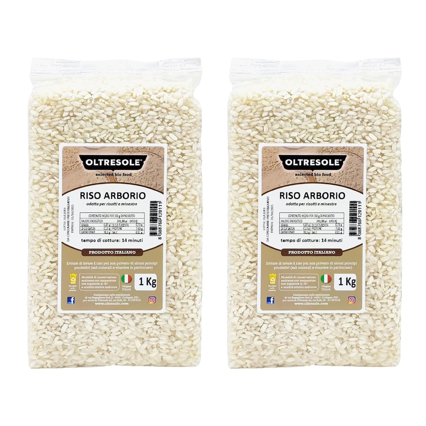 Orez Arborio italian artizanal, orez cu bob mare și amidon, ideal pentru supe, risotto și salate de orez, ambalat în vid în 2 saci de 1 kg