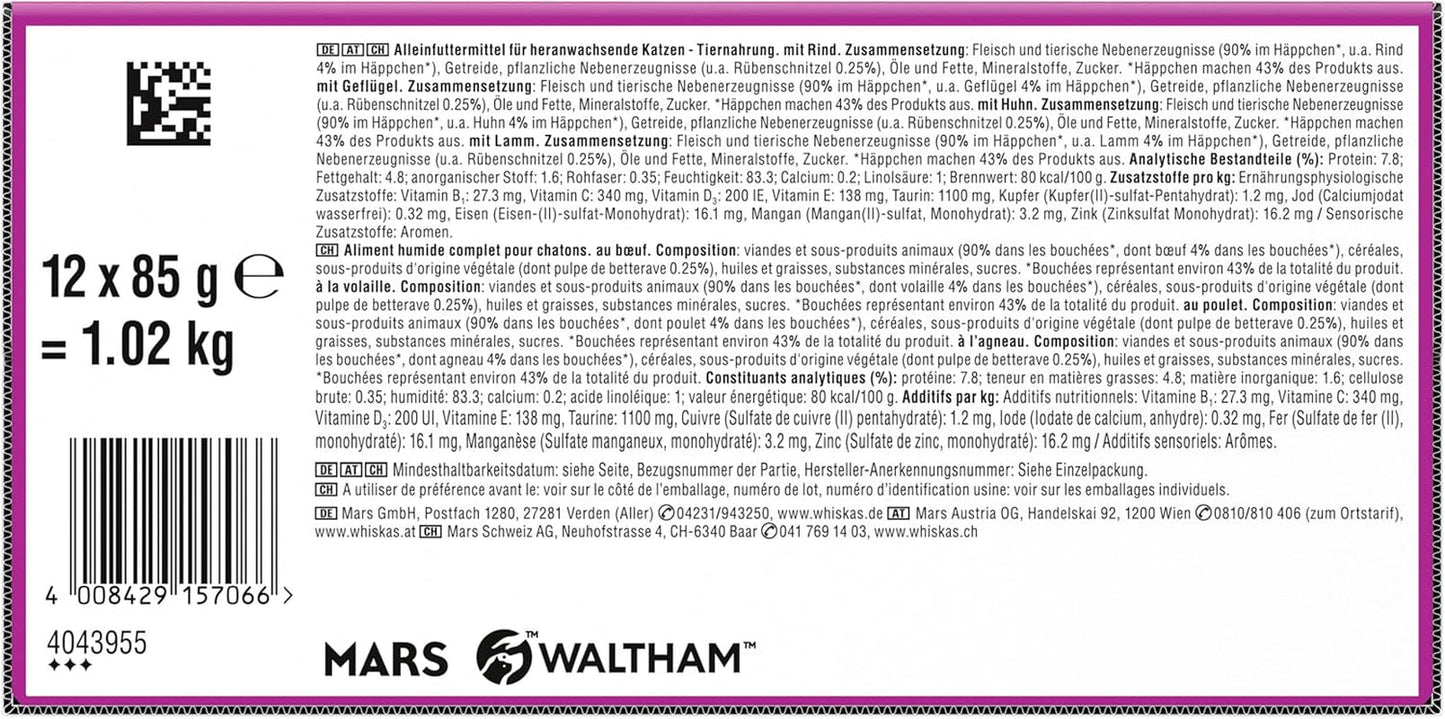 Hrană umedă pentru pisici Whiskas Junior Classic Selection în sos, 48 de pliculețe, 12 x 85 g (pachet de 4) – Hrană umedă de înaltă calitate pentru pisici în creștere, de la 2 la 12 luni