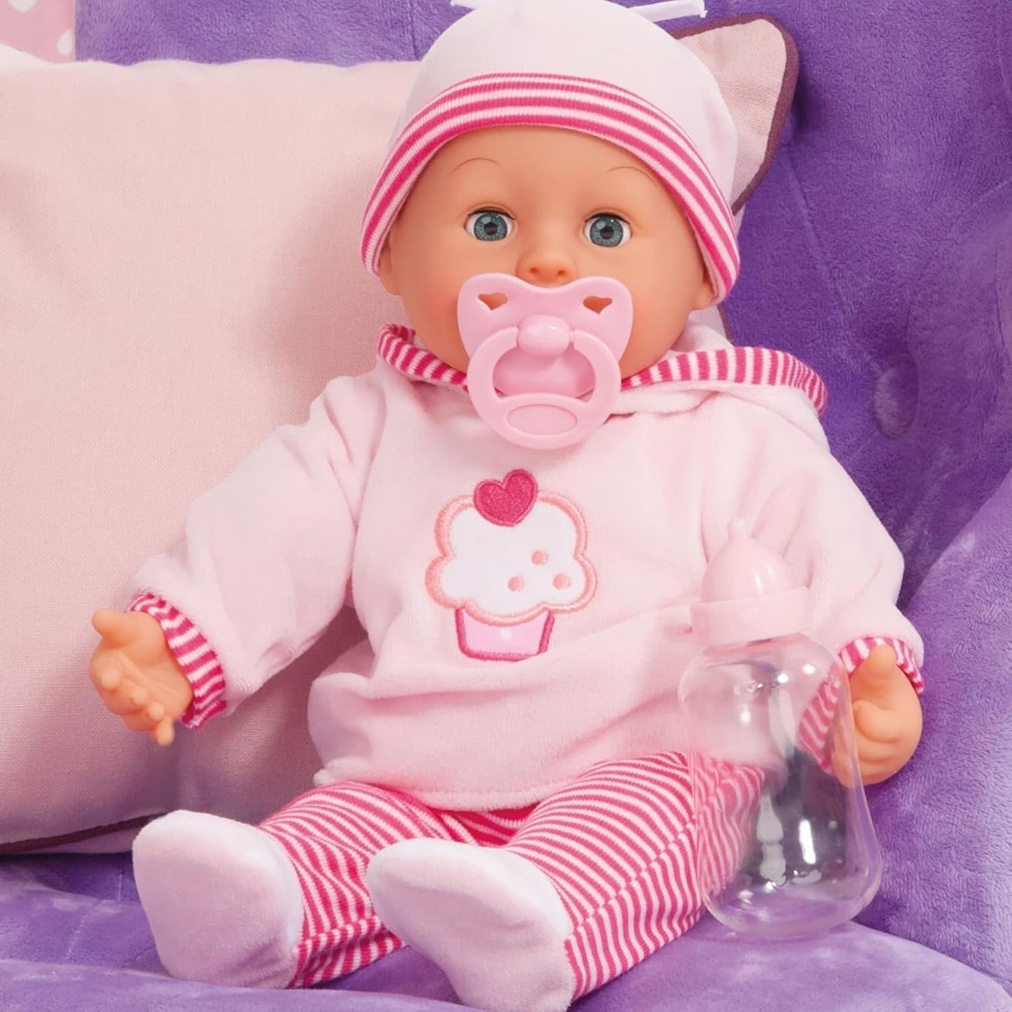 Păpușă First Words cu ochi adormiți, vorbește 24 de sunete de bebeluș, cu păpușă și biberon, 38 cm, roz/stripes Papusi Naty Shop