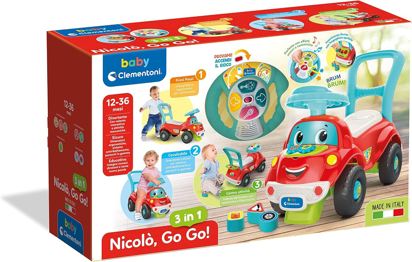 Clementoni - 17747 - Nicolò Go Go 3 în 1 - Mașină de echitație, vorbitor electronic de învățare, primii pași, lumini și sunete, joc pentru copii de 1 an - Made in Italy Jucarii Bebe Naty Shop