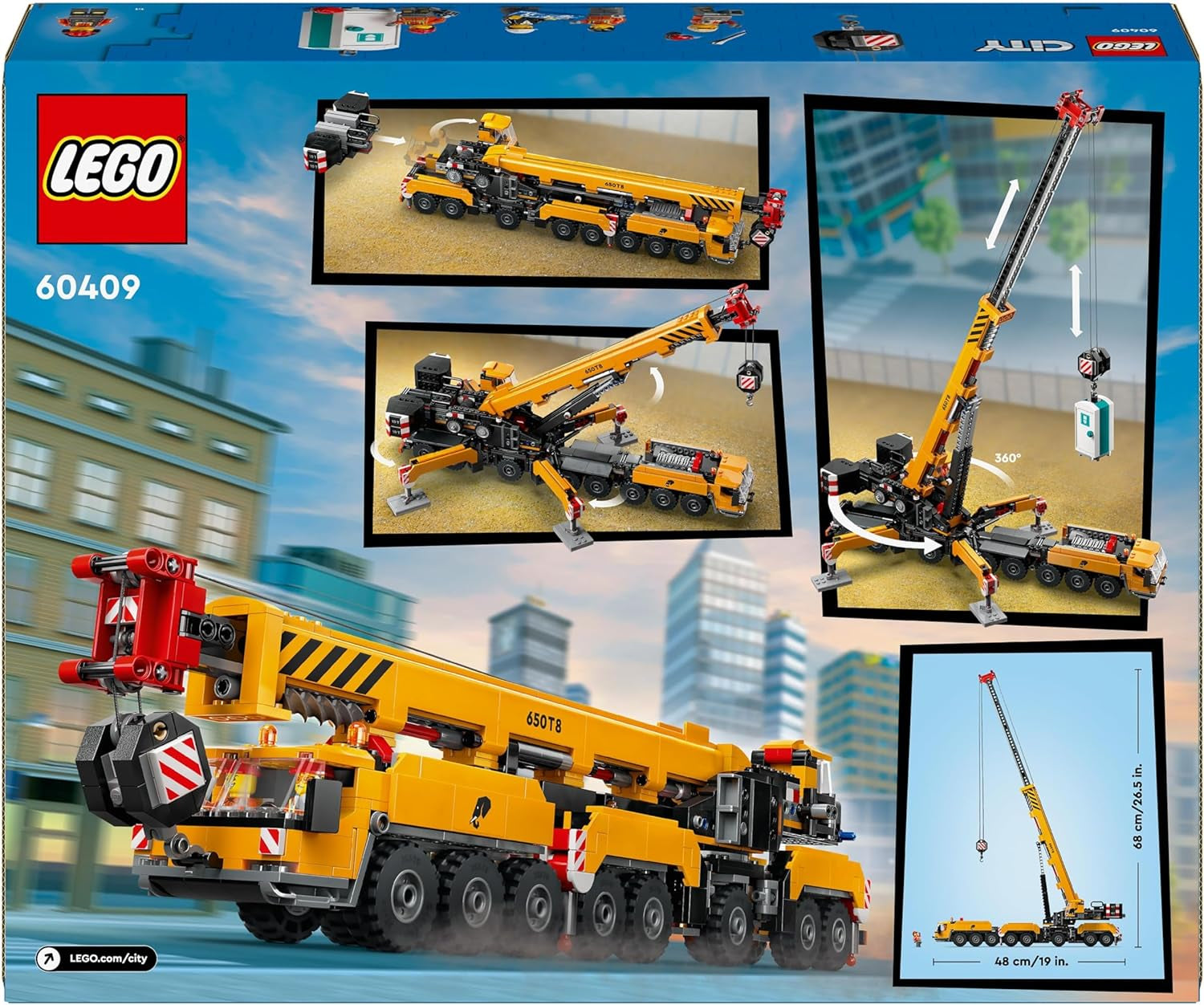 Macara mobilă de construcții LEGO City, jucărie de construcții pentru băieți și fete, cadou pentru copii creativi, braț lung extensibil, 4 minifigurine de muncitori în construcții pentru jocuri de rol 60409 Seturi de constructie Besuche den LEGO-Store