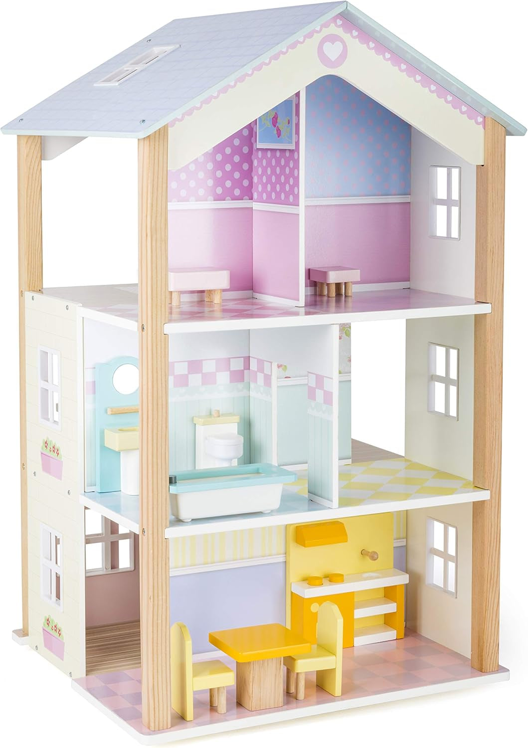 Small Foot 11192 Casă de păpuși rotativă din lemn, palat, 3 etaje, include jucărie de mobilier, multicolor, 37 x 40 x 67 cm